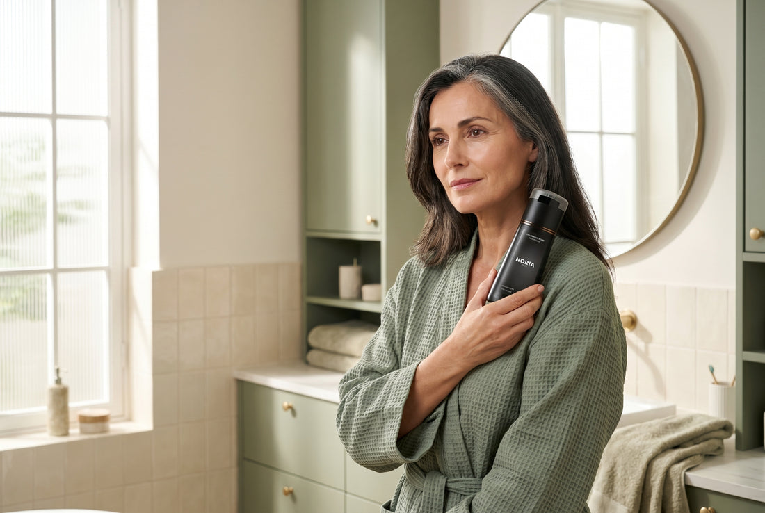 Femme qui utilise le shampoing Noria salle de bain